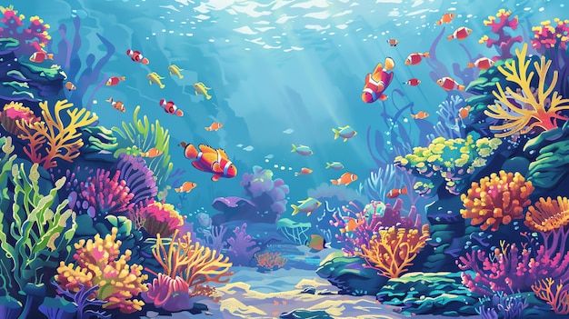 Vibrant coral reef with colorful fish swimming through the water