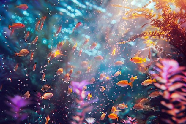 Photo vibrant coral reefs and glowing fish in surreal underwater light