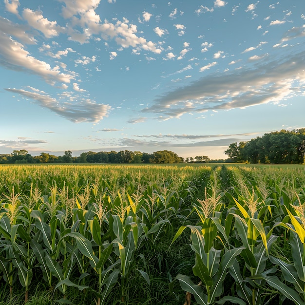 Photo vibrant cornfield under clear blue sky with lush green stalks and golden ears of corn