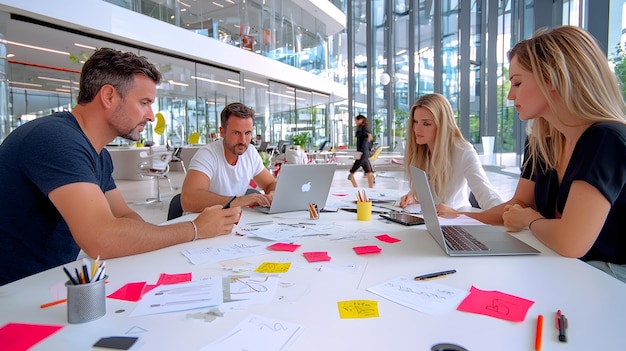 Vibrant Corporate Team Brainstorming Marketing Campaign in Sleek Office Setting