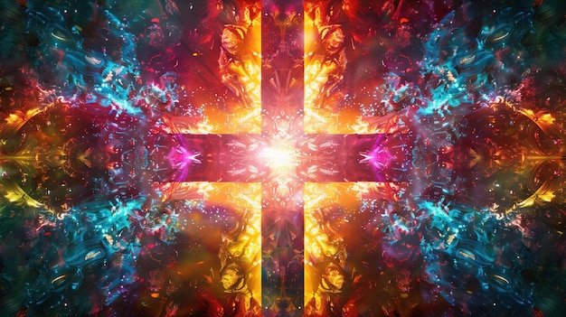 Vibrant Cosmic Cross Nebula Abstract A striking abstract depiction of a cross with a cosmic nebula pattern radiating energy and color