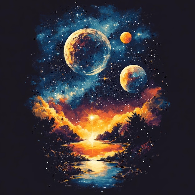 A vibrant cosmic scene featuring planets stars and a serene river landscape