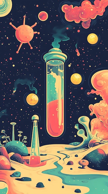 A vibrant cosmic scene featuring test tubes colorful liquids and celestial elements