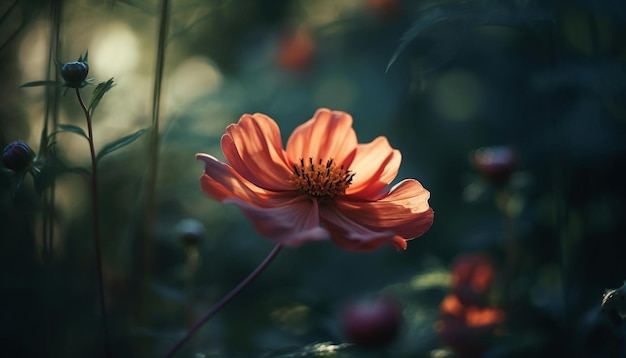 Vibrant cosmos flower in uncultivated meadow at sunset generated by AI