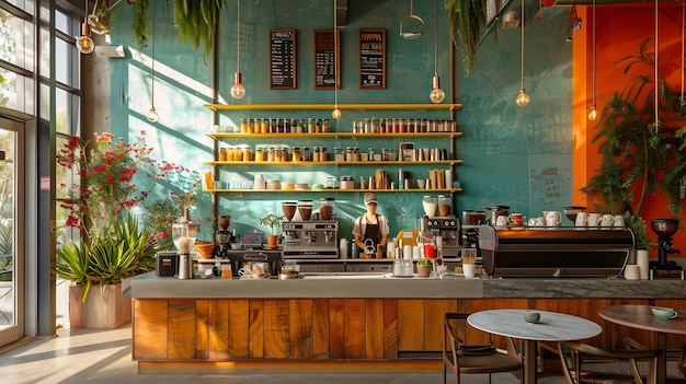 Vibrant and Cozy Coffee Shop Interior with Customers Enjoying Their Drinks