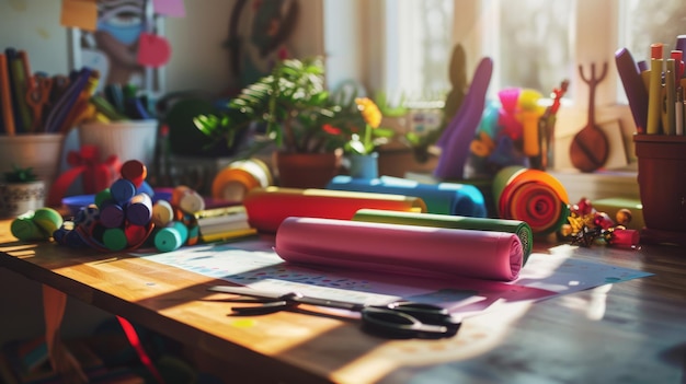 A vibrant craft room bathed in sunlight filled with colorful papers scissors and other crafting materials ready for creative projects