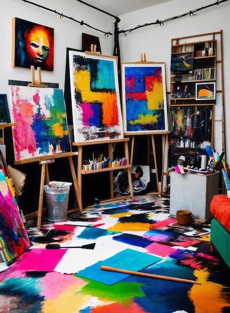 the vibrant and creative chaos of an artists studio with colorful palettes brushes and artworks