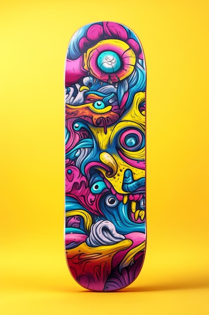 Photo vibrant and creative skateboard deck design featuring psychedelic swirling patterns and cosmic ethereal visuals