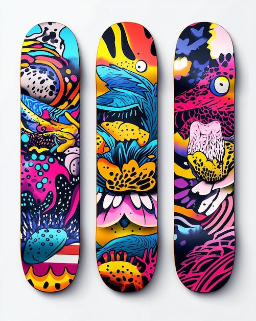 Photo vibrant and creative skateboard deck designs collection