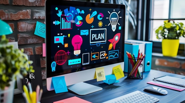 A vibrant and creative workstation with a computer monitor displaying a colorful planning graphic and various office supplies arranged on the desk