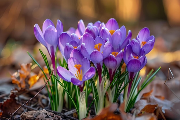 Vibrant crocus flowers blooming in spring light