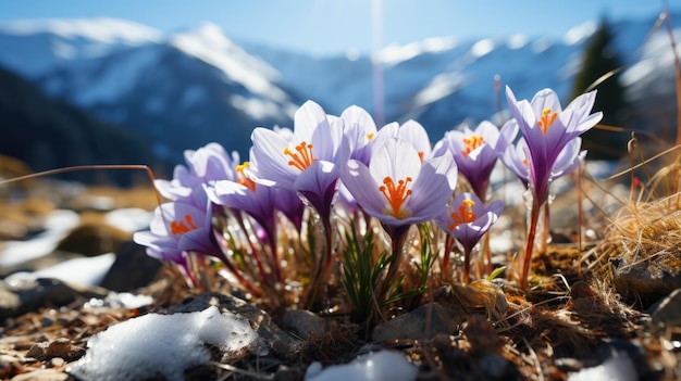 Photo vibrant crocuses emerging from snowy ground