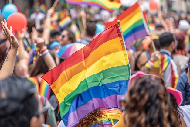 A vibrant crowd of diverse individuals celebrating LGBTQ Pride waving rainbow flags and wearing colorful outfits with joyful expressions and a festive atmosphere captured in sharp highresolution