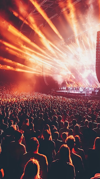 Photo a vibrant crowd fills stadium during an electrifying concert illuminated by bright stage lights and dynamic visuals atmosphere is charged with excitement and energy