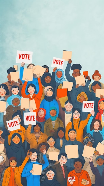 Photo vibrant crowd gathers in front of building holding vote signs banners people from diverse backgrounds wear various colors creating lively scene perspective from below emphasizing collective