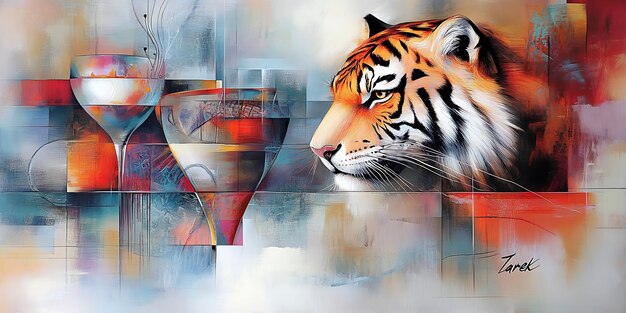 Photo vibrant cubist tigers in abstract expressionism style