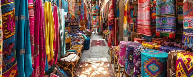 A vibrant cultural market background with traditional crafts colorful fabrics and the textures of