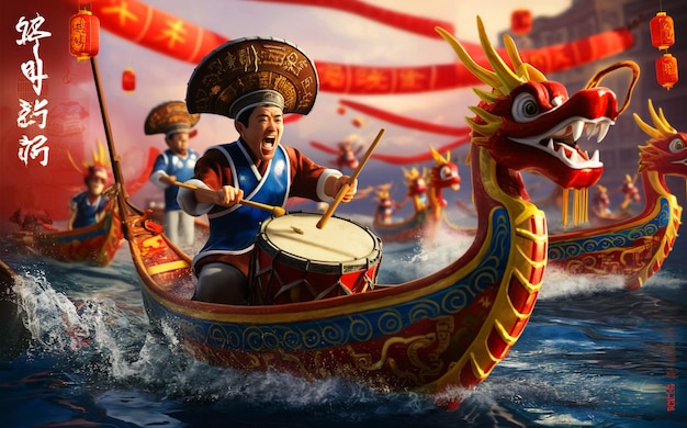 A vibrant and culturally rich illustration of a traditional Chinese Dragon Boat Festival