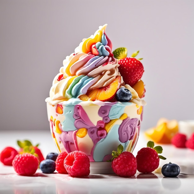 A vibrant cup of frozen yogurt overflowing with a rainbow of fresh fruits Ai Generated