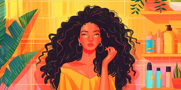 Photo vibrant curly hair illustration modern digital art of curly hair