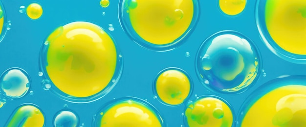 Vibrant Cyan and Yellow Soap Bubbles in Abstract Paint Design Background