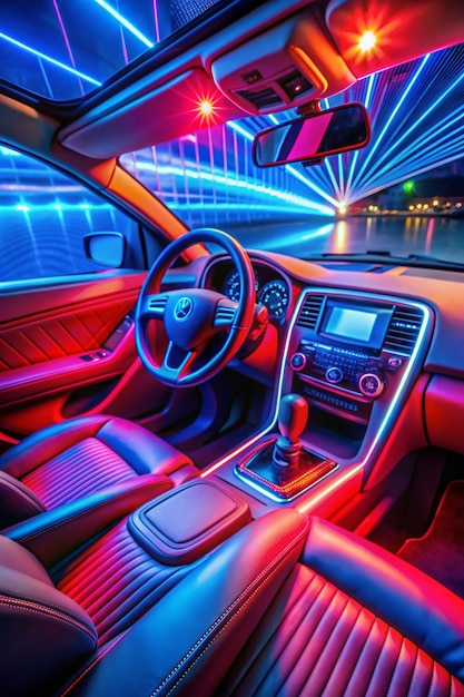 Vibrant Dashboard Red and Blue Neon Lights Illuminate Car Interior