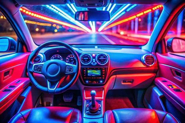 Vibrant Dashboard Red and Blue Neon Lights Illuminate Car Interior