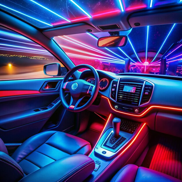 Photo vibrant dashboard red and blue neon lights illuminate car interior