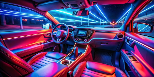 Vibrant Dashboard Red and Blue Neon Lights Illuminate Car Interior