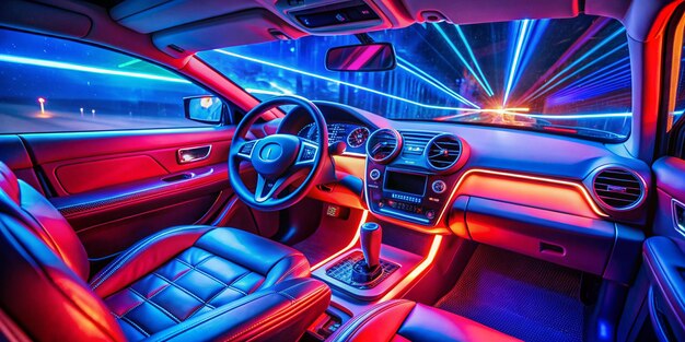 Photo vibrant dashboard red and blue neon lights illuminate car interior