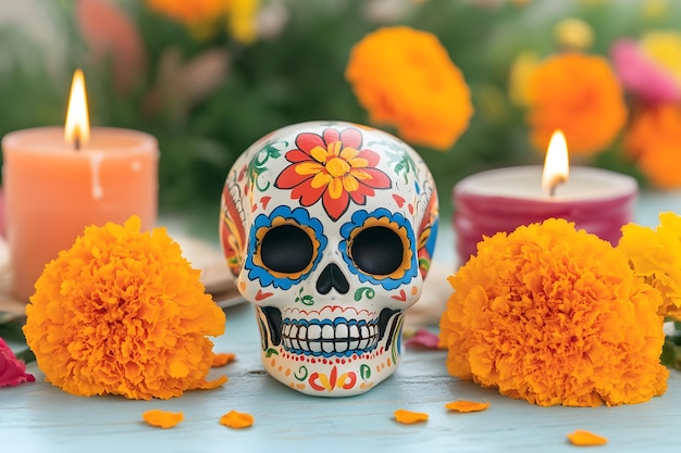 Photo vibrant day of the dead banner background with colorful sugar skulls marigolds and candles natural l