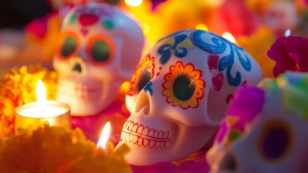 Photo vibrant day of the dead celebration with colorful sugar skulls and marigolds