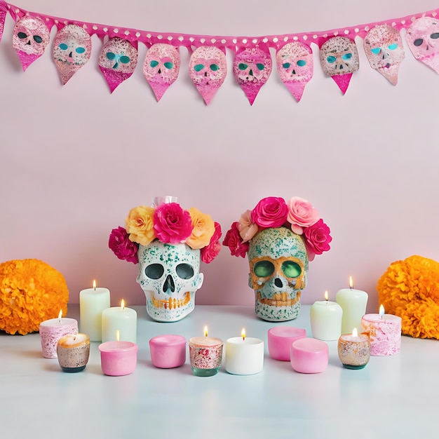 Vibrant Day of the Dead Celebration with Iconic Elements