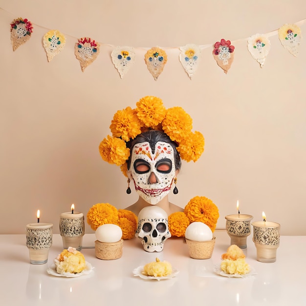 Vibrant Day of the Dead Celebration with Iconic Elements