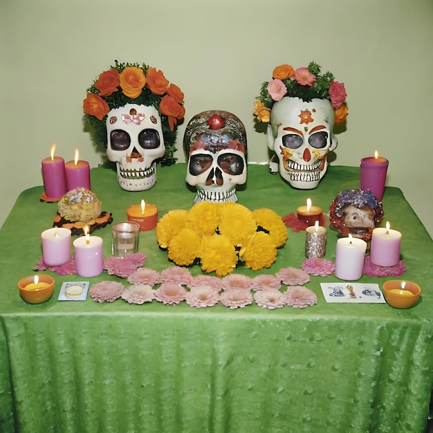 Vibrant Day of the Dead Celebration with Iconic Elements