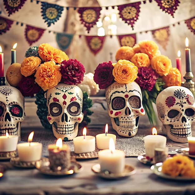 Vibrant Day of the Dead Celebration with Iconic Elements