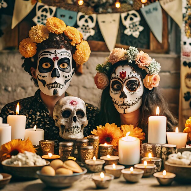 Vibrant Day of the Dead Celebration with Iconic Elements