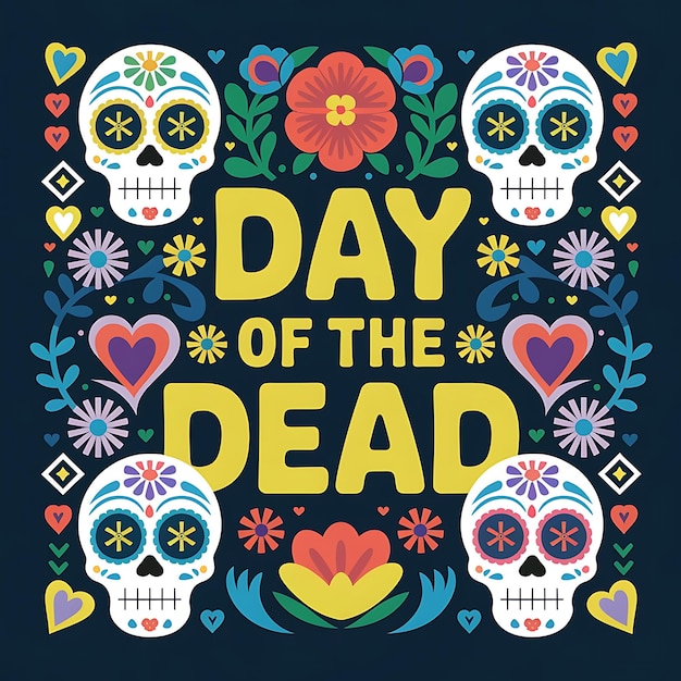 Vibrant Day of the Dead Vector Illustration with Floral Skulls and Bold Yellow Text