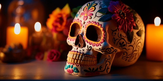 Vibrant Decorated Skull with Mexican Hat Celebrating Mexican Day of the Dia de Muertos