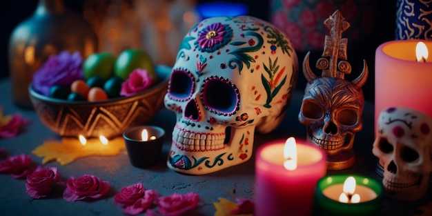 Vibrant Decorated Skull with Mexican Hat Celebrating Mexican Day of the Dia de Muertos