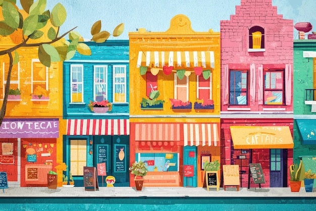 A vibrant depiction of bustling city block with colorful shops and lively atmosphere