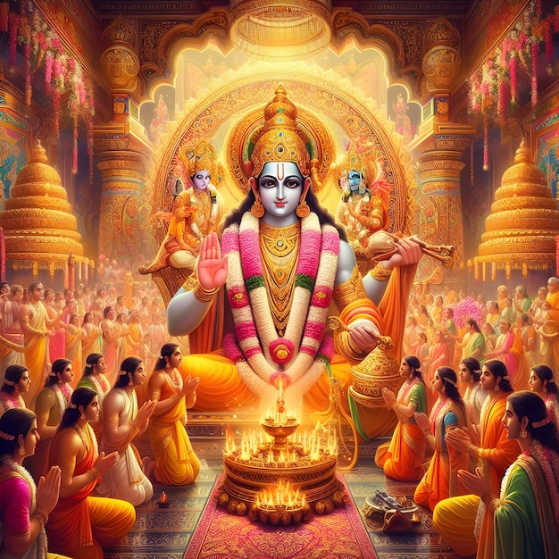 Vibrant depiction of devotees performing aarti ritualistic worship to Lord Ramas idol in a beauti