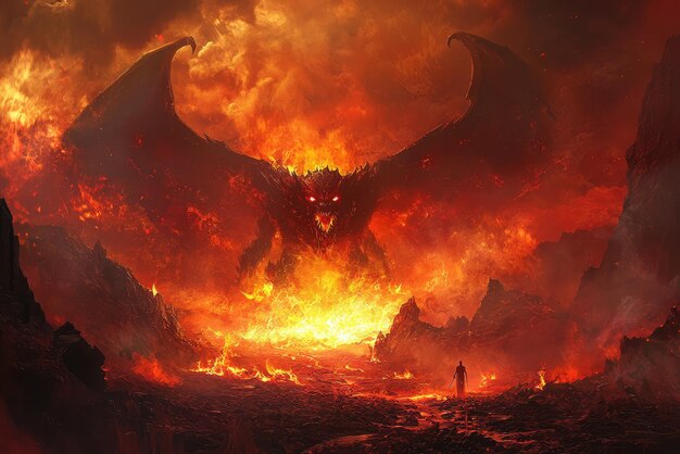 Photo a vibrant depiction of god of hell commanding demons in fiery landscape