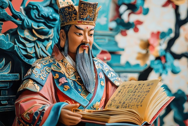 A vibrant depiction of god of literature Wen Chang reading book