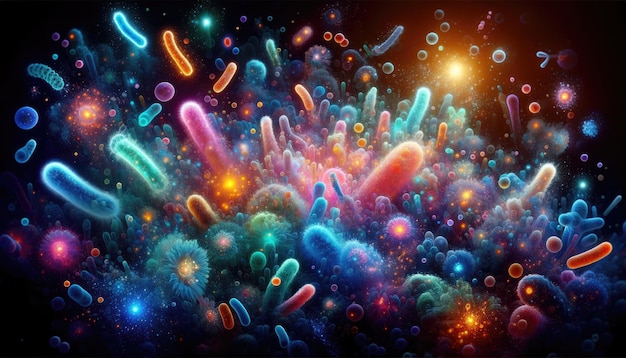 A vibrant depiction of microscopic life showcasing a diversity of bacteria and organisms illustrated with vivid colors and luminous details that highlight the complexity of microbiology