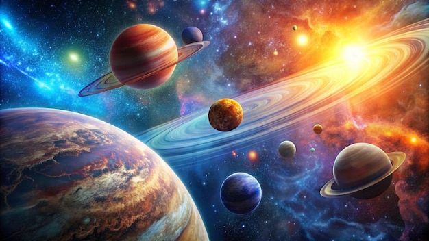 A vibrant depiction of a solar system with planets stars and cosmic dust