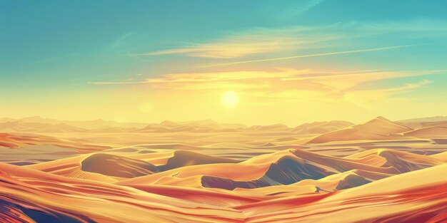 Photo a vibrant desert landscape bathed in golden sunlight showcasing rolling dunes and serene skies at sunset