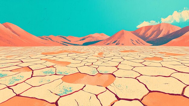 Vibrant desert landscape with cracked earth and distant mountains under a clear blue sky showcasing natures stark beauty