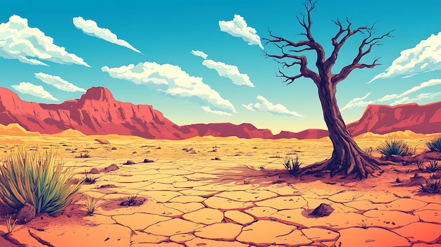 Photo a vibrant desert landscape with a cracked ground and a solitary tree against a colorful sky