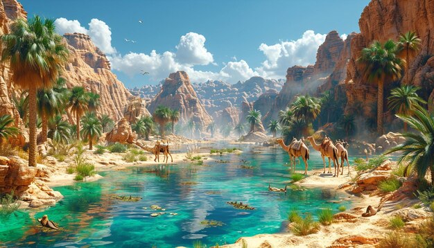 a vibrant desert oasis in 3D